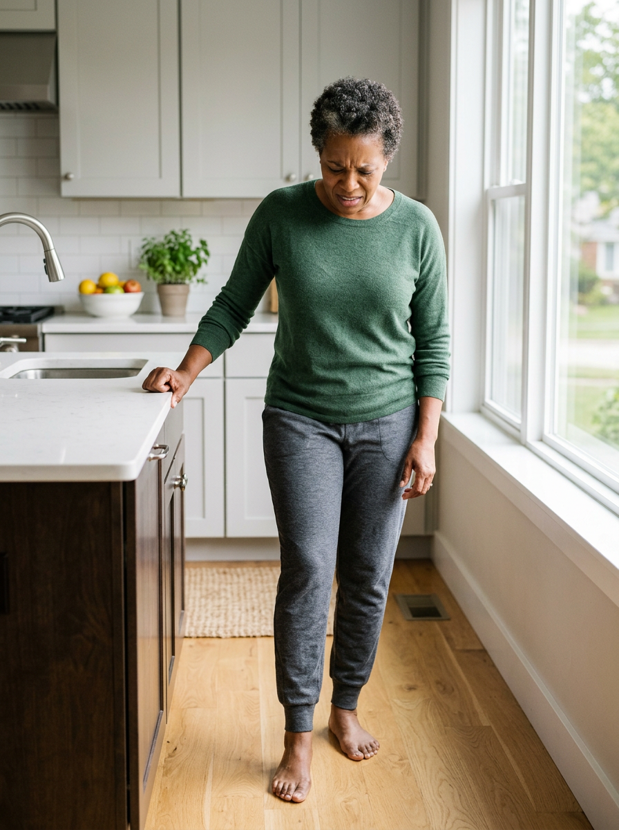 Black female veteran in her 50s leaning on a kitchen counter grimacing and shifting weight off her collapsed arch