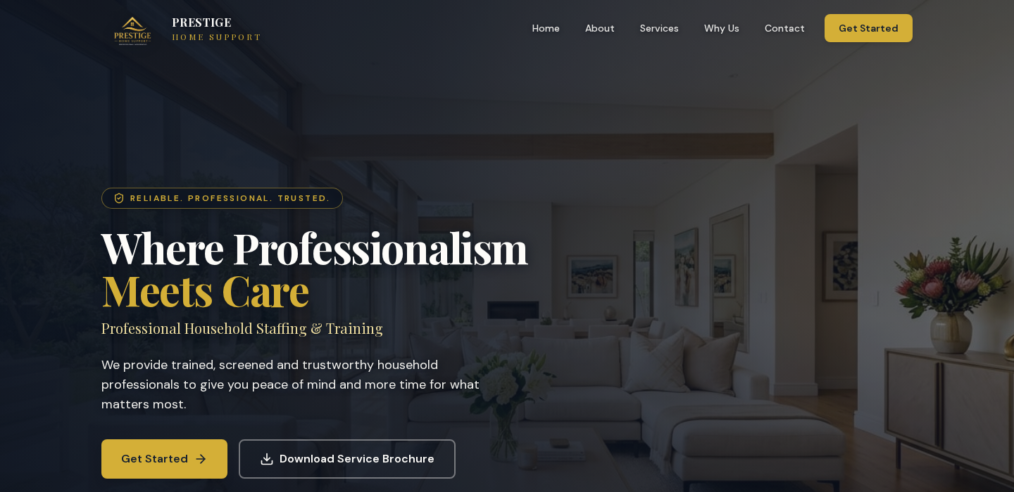 Prestige Home Support website screenshot showing professional household staffing homepage