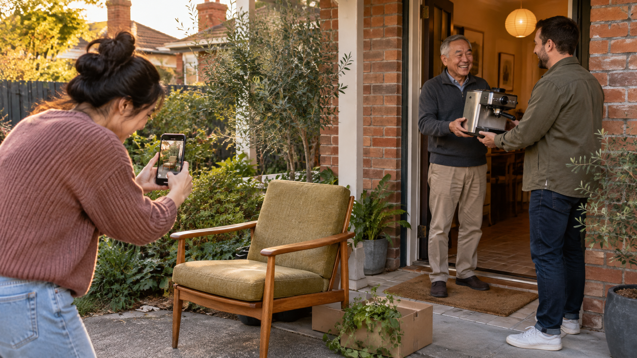 Neighbours trading pre-loved furniture and appliances at a Melbourne home