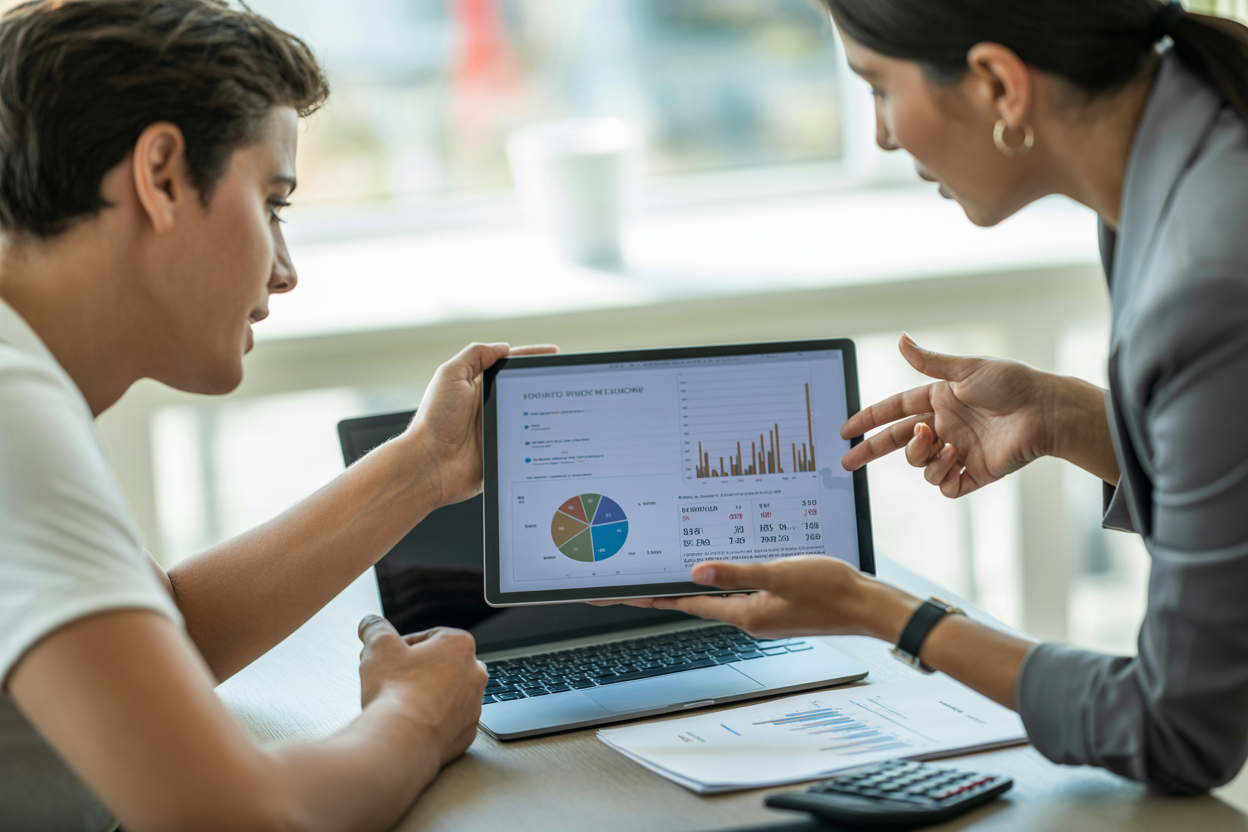 Professional helping someone with financial planning documents and laptop