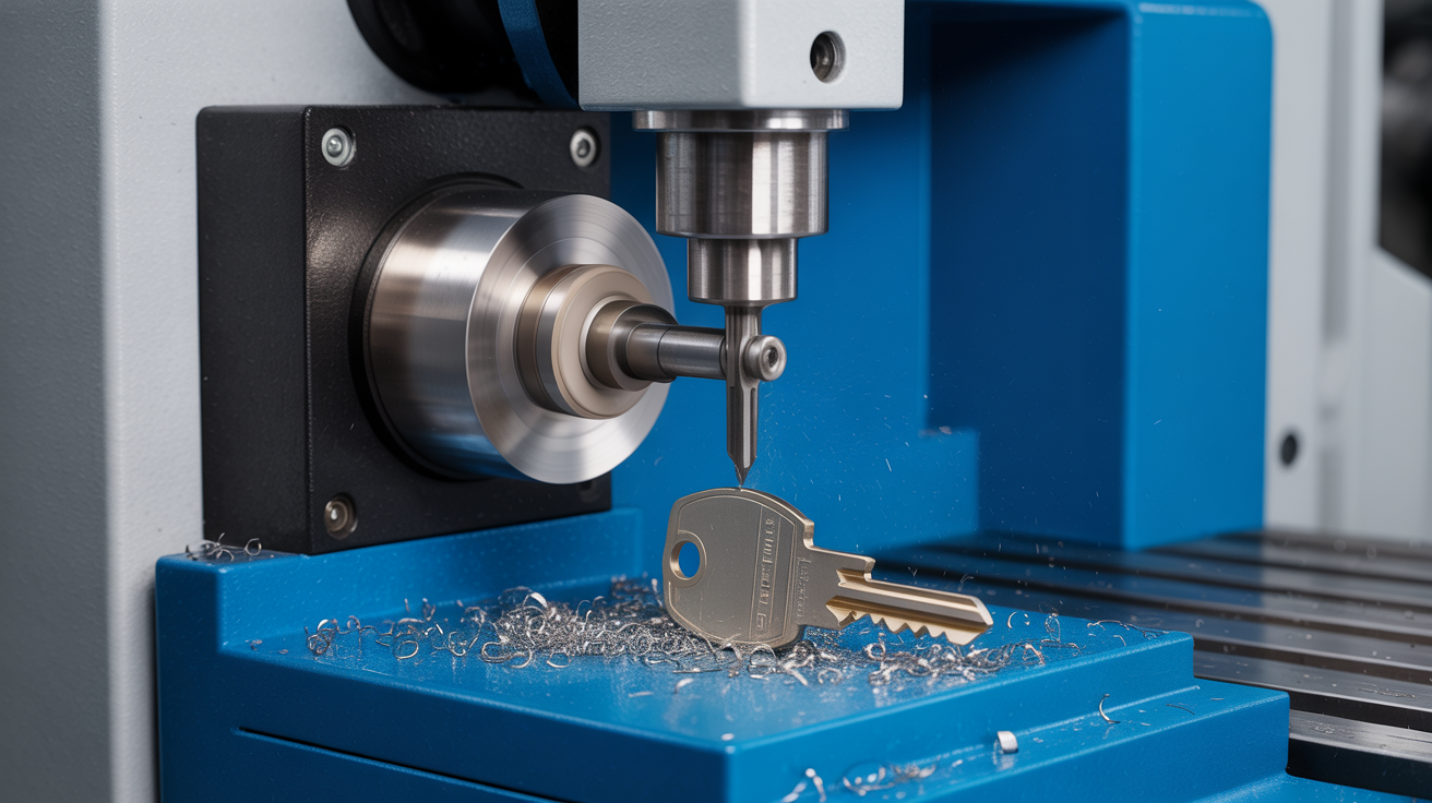 Modern CNC key cutting machine cutting a new vehicle key