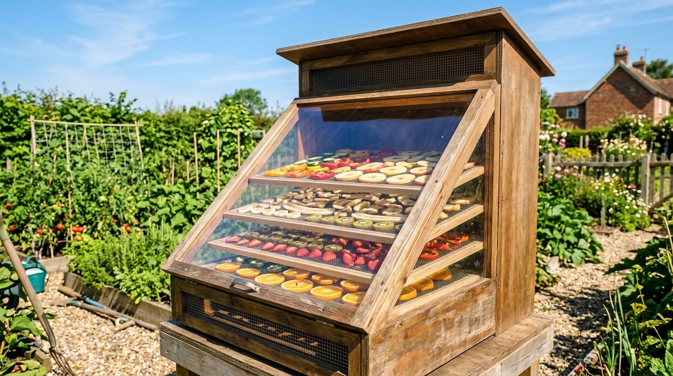 A DIY solar food dehydrator outdoors in sunlight with mesh trays of drying sliced fruit and vegetables