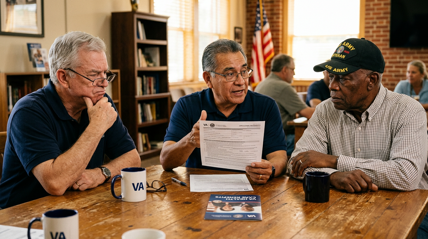 Diverse senior veterans sitting around a table, debunking VA claims myths together