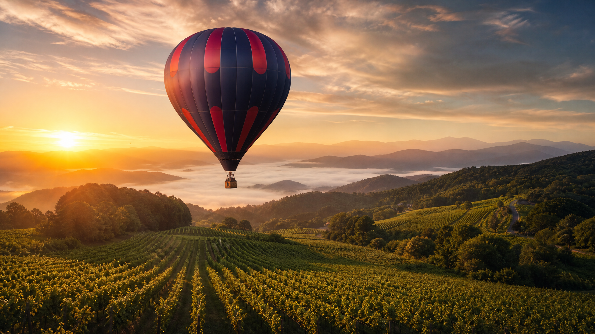 Heißluftballon über den Weinbergen des Markgräflerlands bei Sonnenaufgang