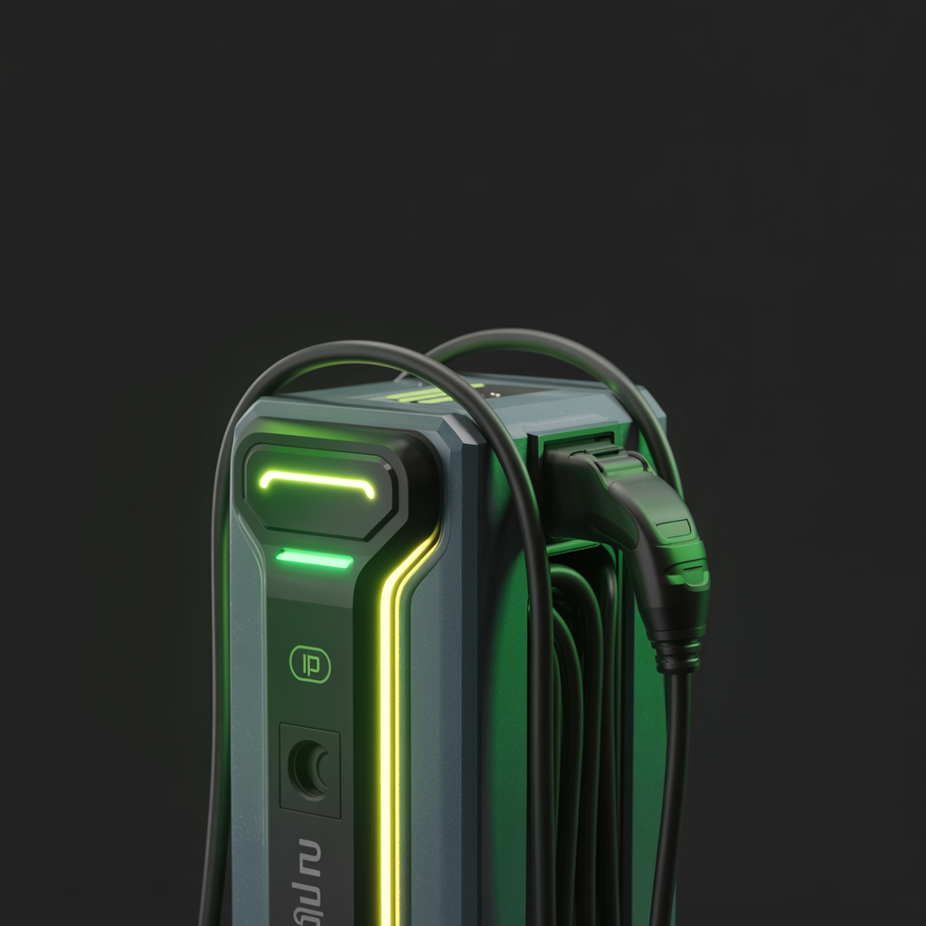 Professional portable EV charging equipment with green LED accent lights