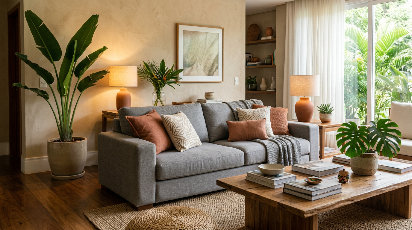 Sala elegante com sofá, almofadas decorativas e plantas tropicais