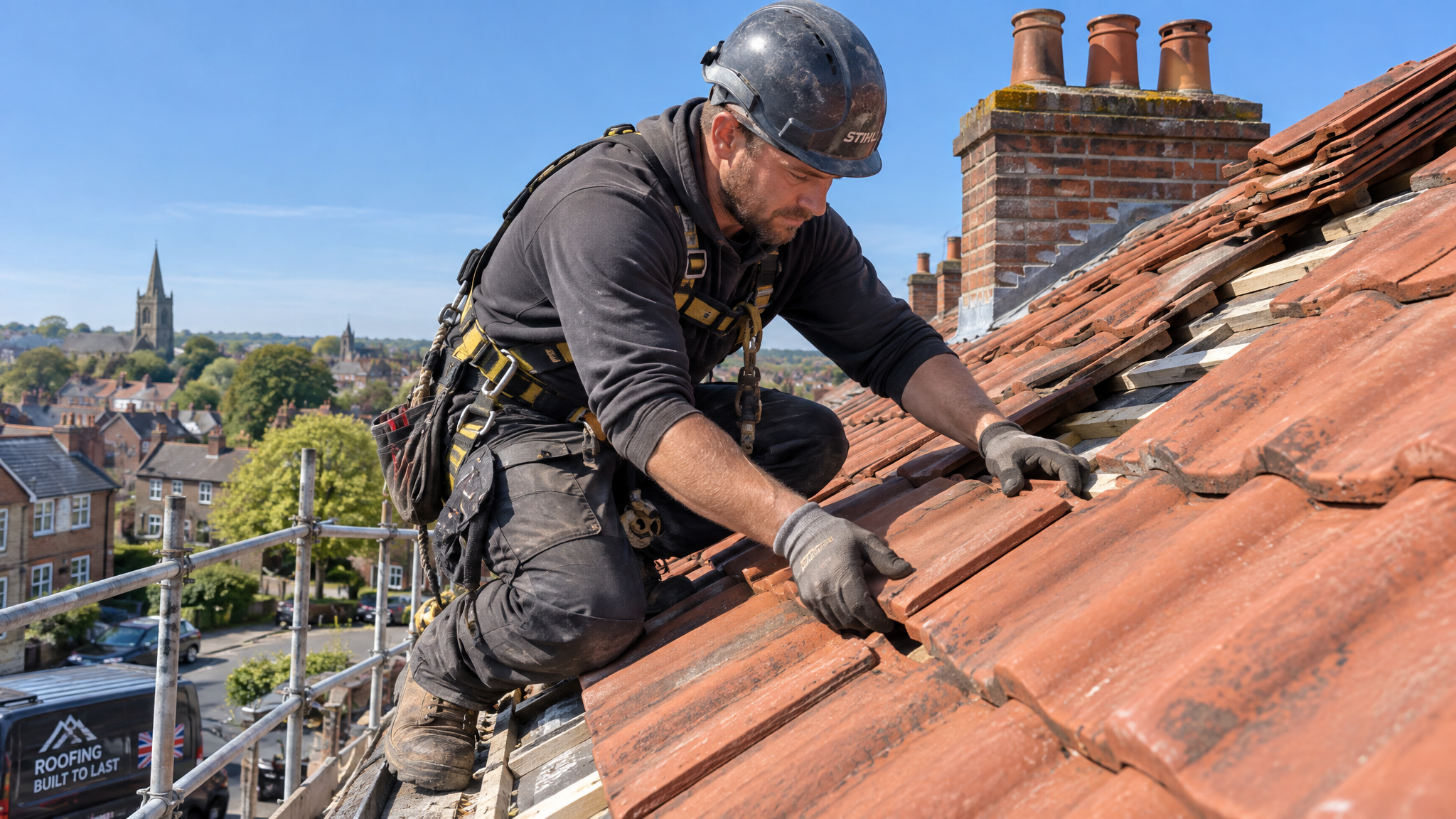 Skilled Bristol Heritage roofer installing clay tiles on a pitched UK residential roof