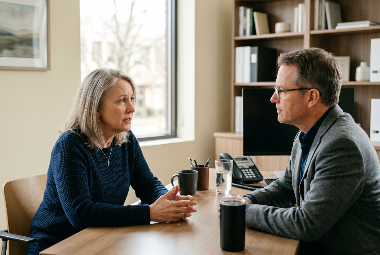 A concerned woman speaking earnestly across a desk to a clinician, describing what she witnesses at home