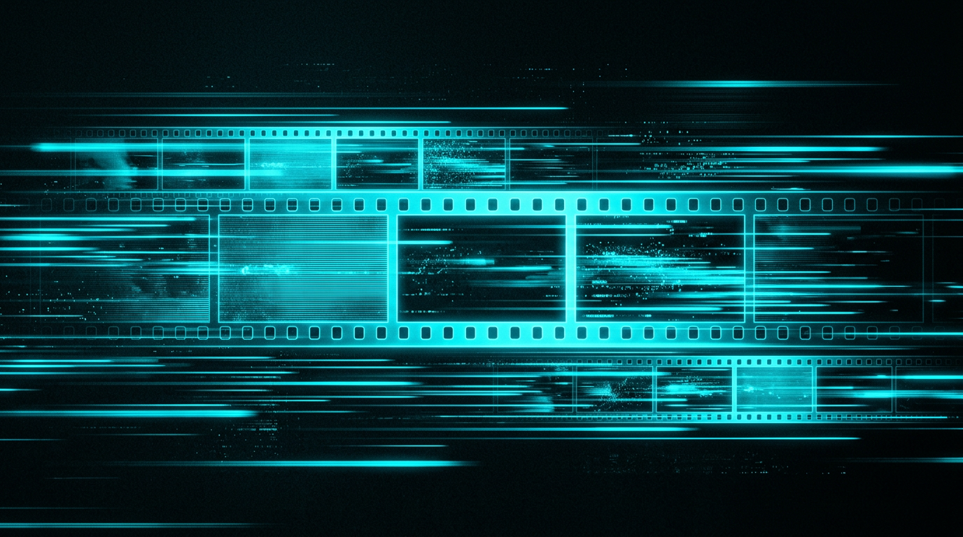 Cyan film frames and scan-line streaks representing video deepfake detection