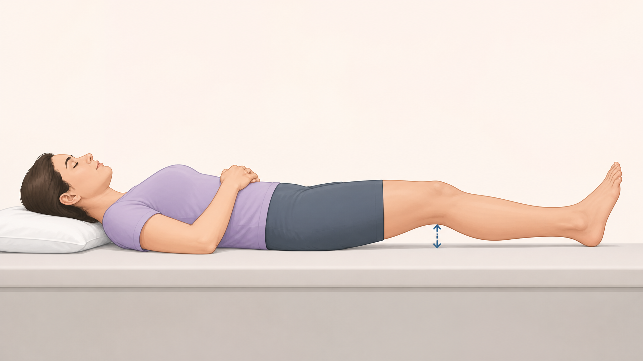 Illustration of a person lying flat on their back with a visible gap between the back of one knee and the surface, the leg unable to fully straighten