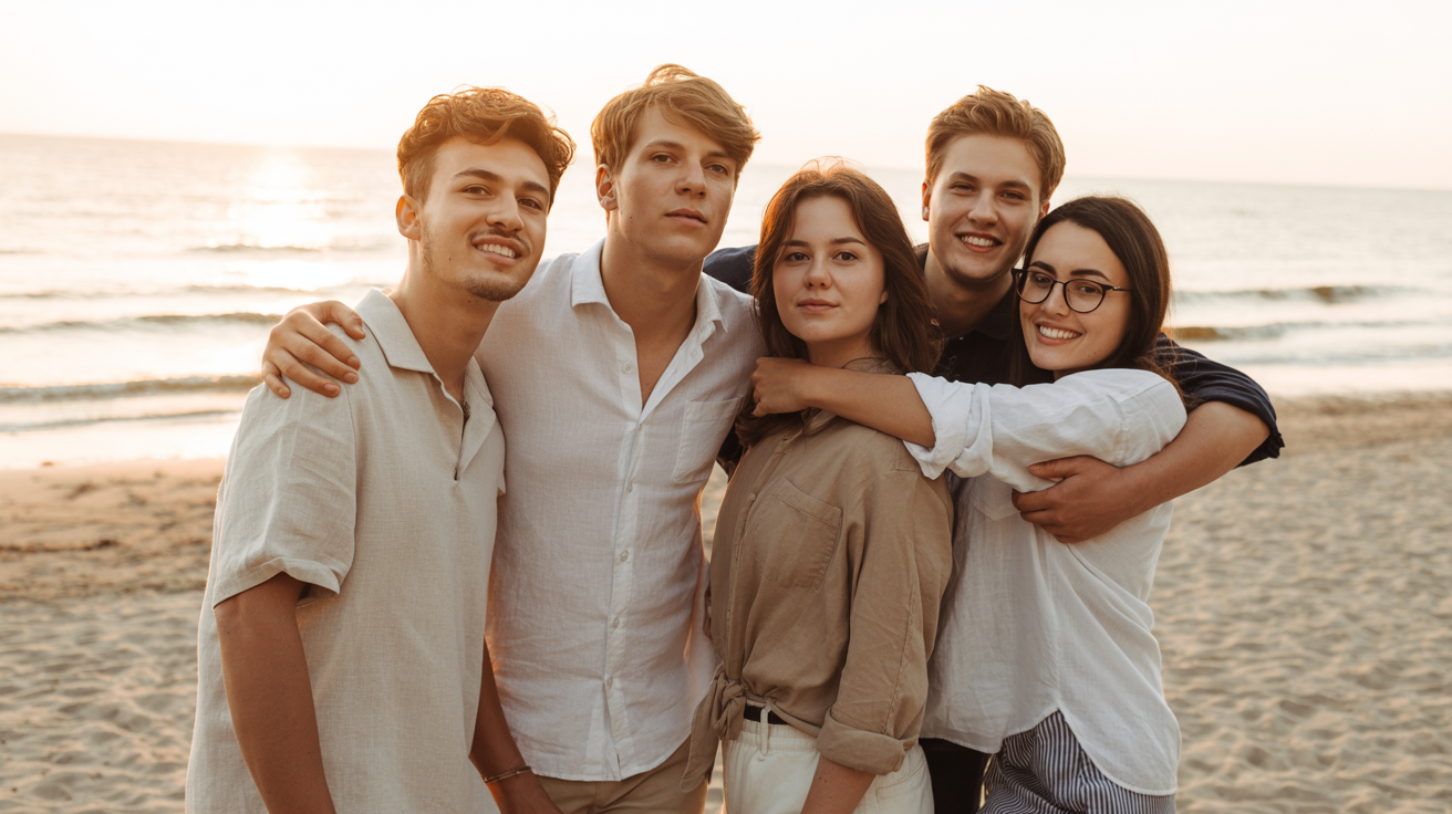 Friends on a Baltic beach at sunset wearing SELLIN CLUB resort wear