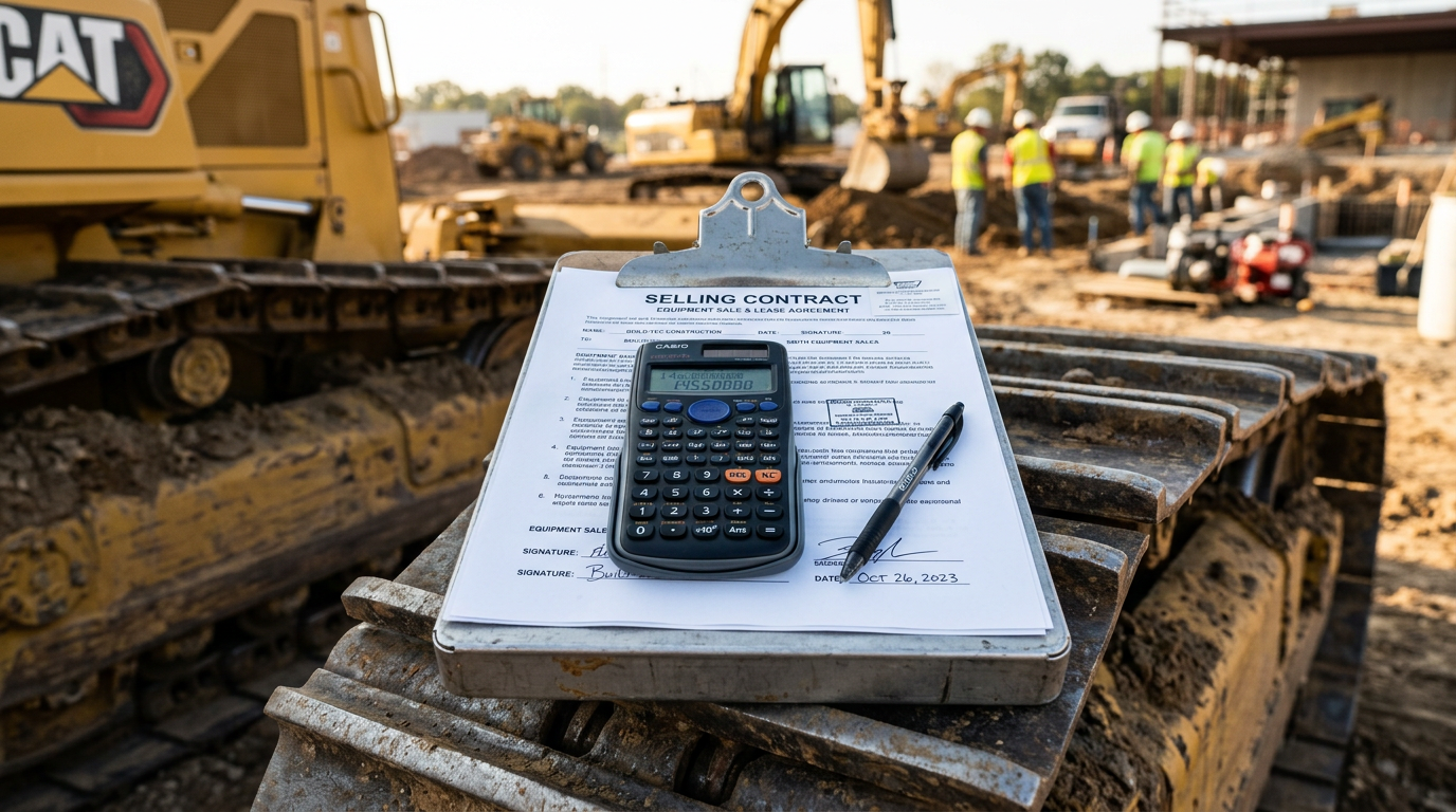 Calculator and paperwork resting on the track of a used bulldozer