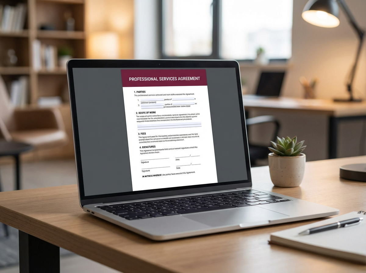 Contrato PDF profesional en pantalla de portátil