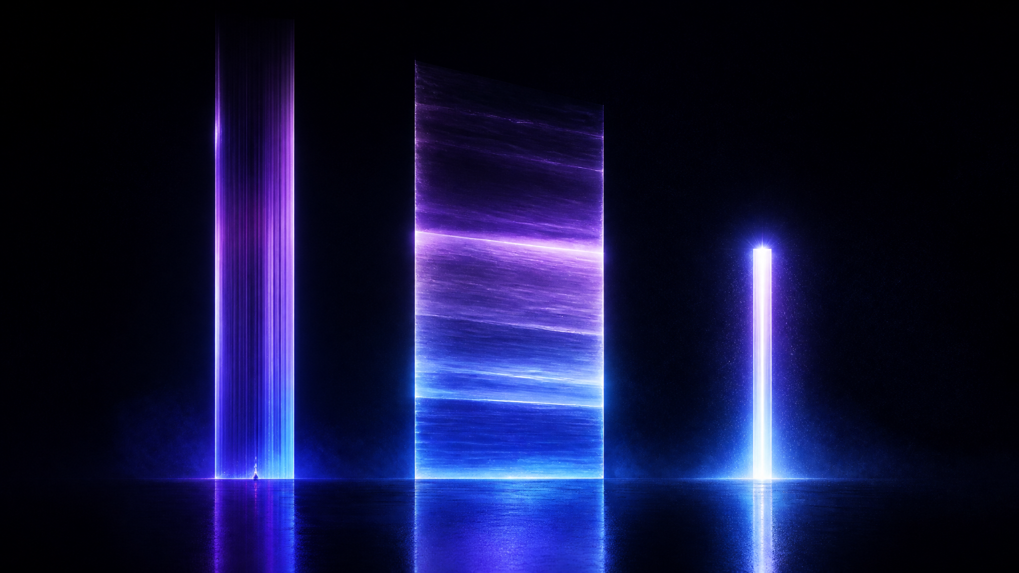 Three glowing pillars of light on a dark reflective plane representing specialist depth, full-service breadth and boutique focus