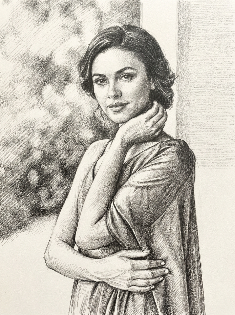 Finished Pencil Sketch portrait - Dramatic graphite portrait with fine cross-hatching