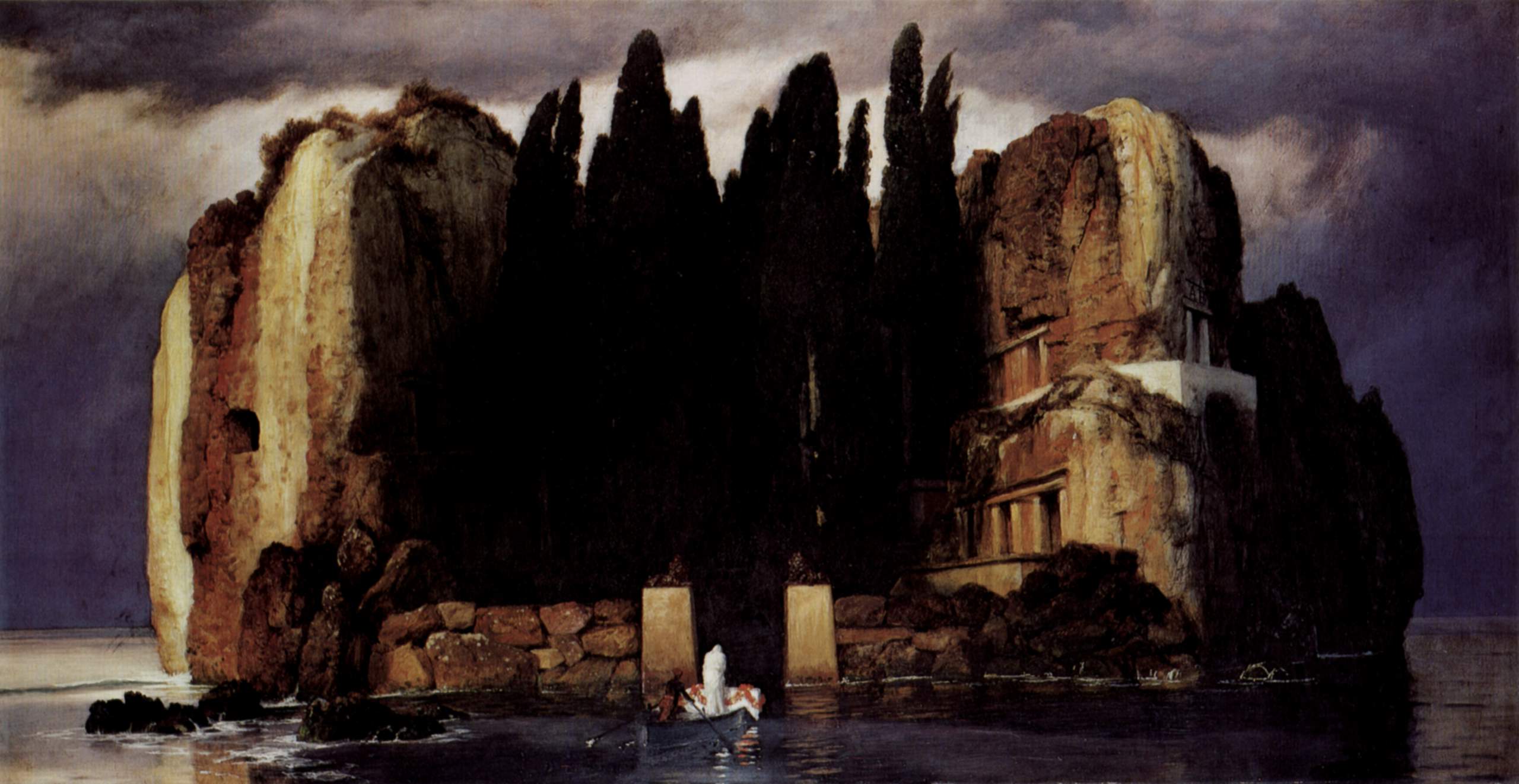Arnold Böcklin, Isle of the Dead, 1886: a boat approaching a dark rocky island of cypresses