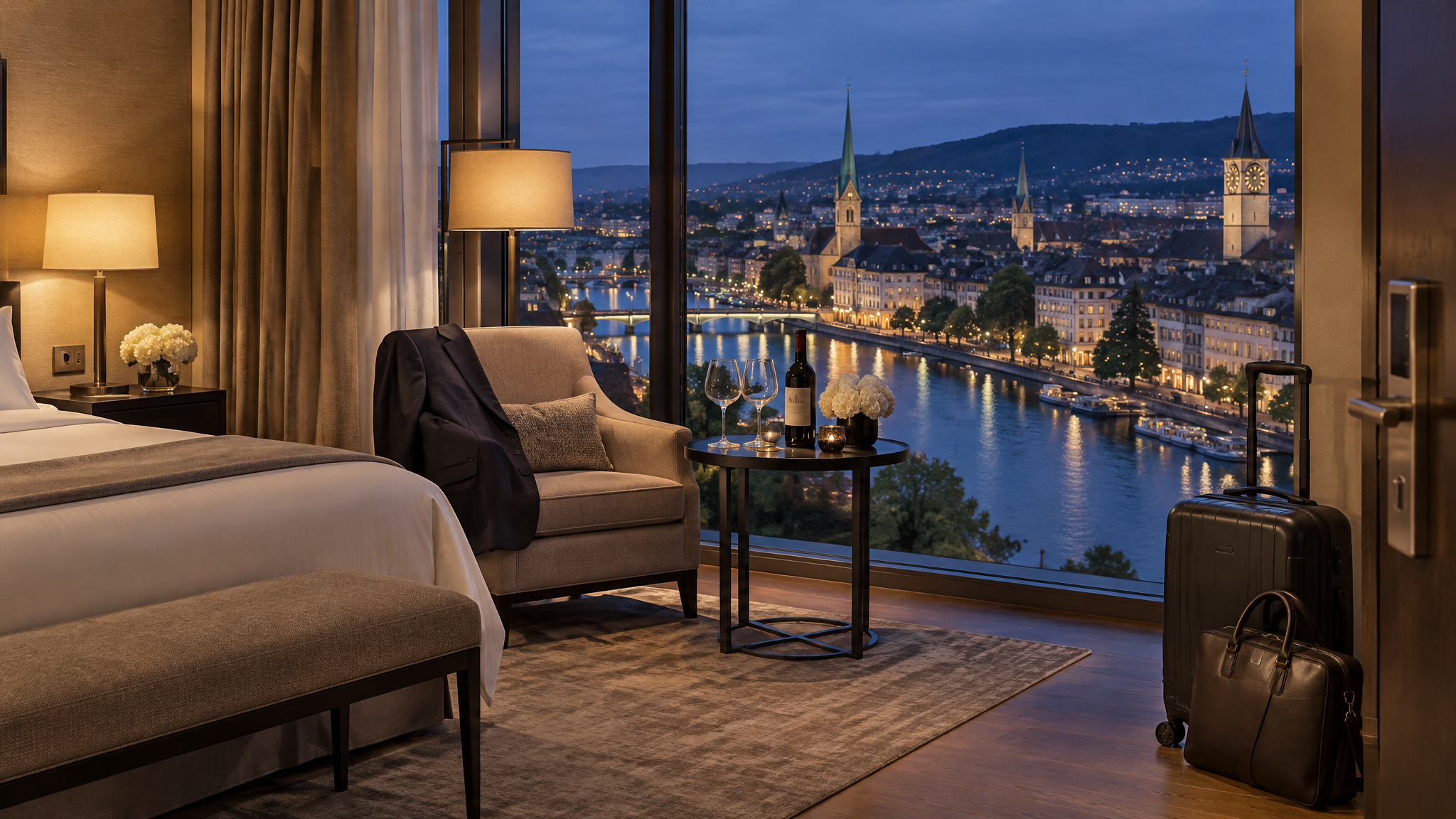 Chambre d'hôtel de luxe au crépuscule avec valise de voyage d'affaires, veste sur un fauteuil et vue sur les lumières de Zurich