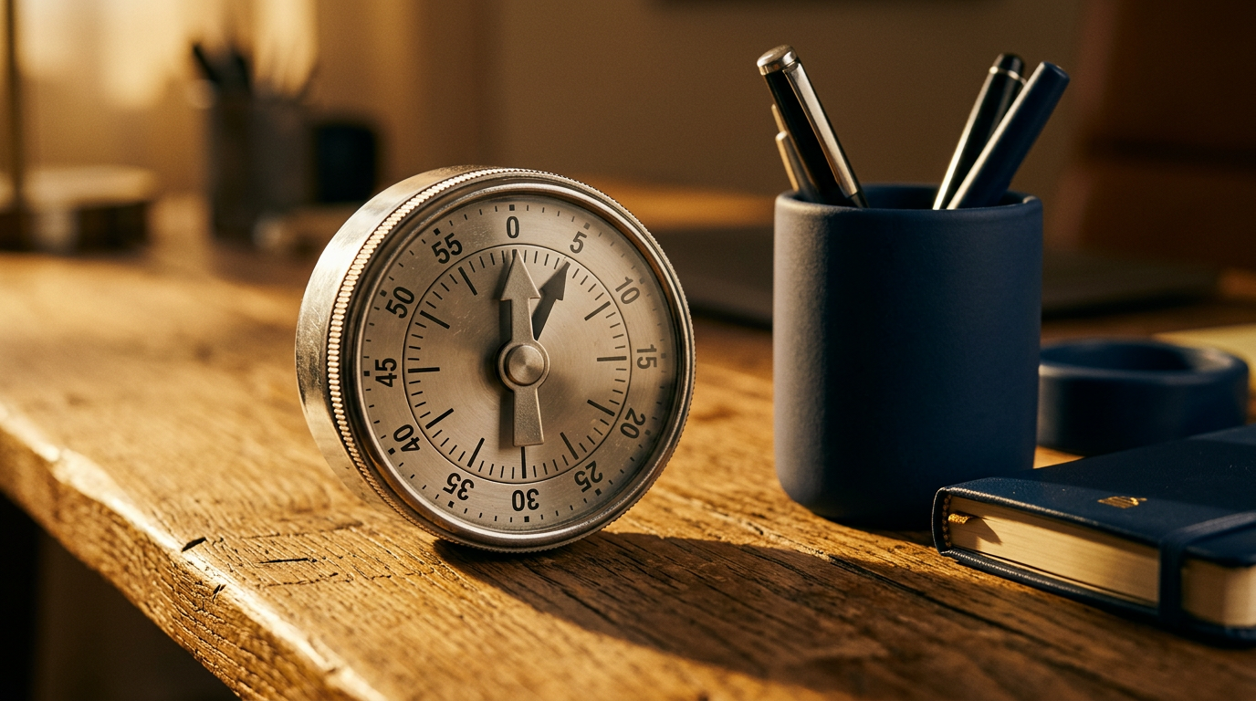 Timer clássico de 5 minutos sobre mesa de madeira representando o compromisso simples de começar