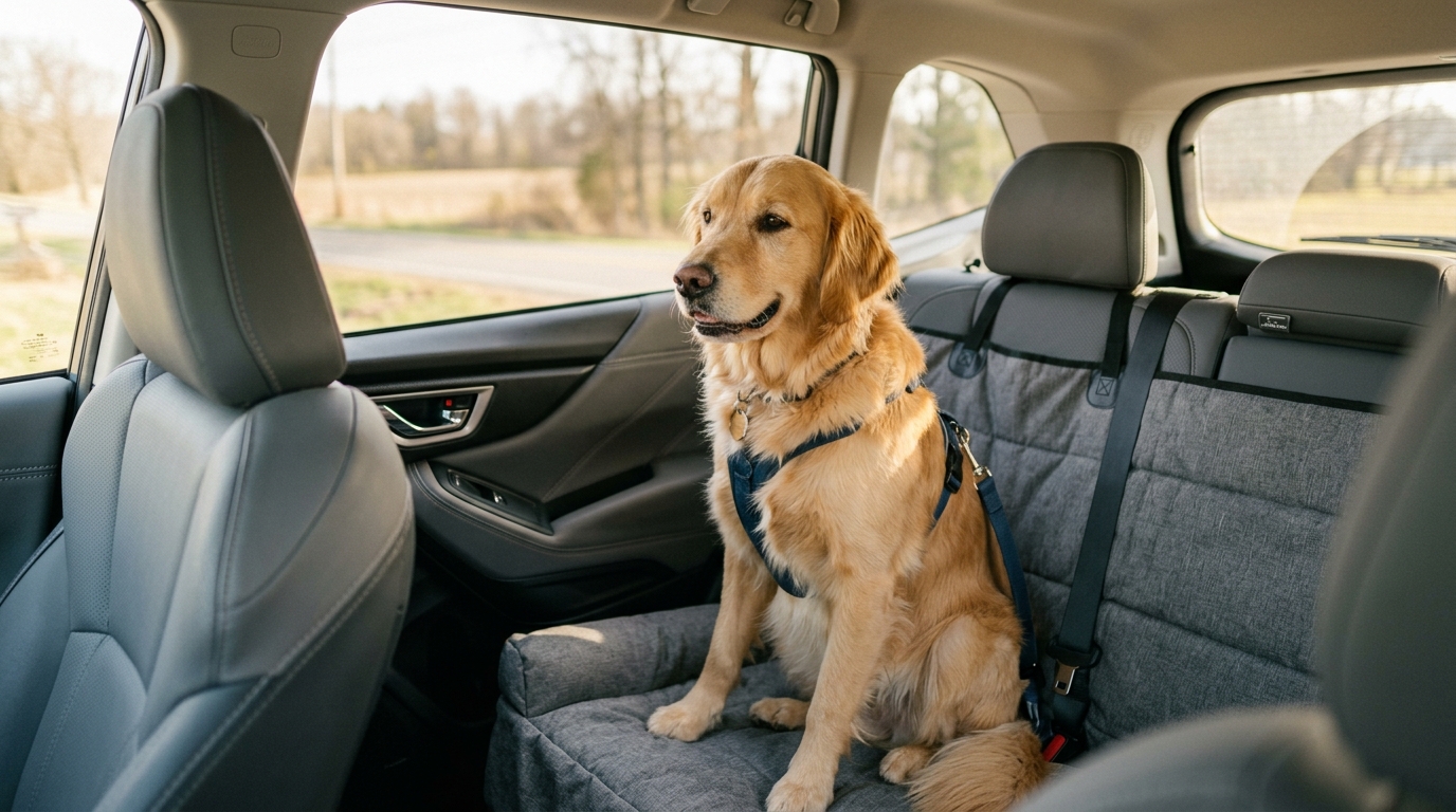 A calm golden retriever sitting comfortably in the back of a clean car interior with padded surfaces