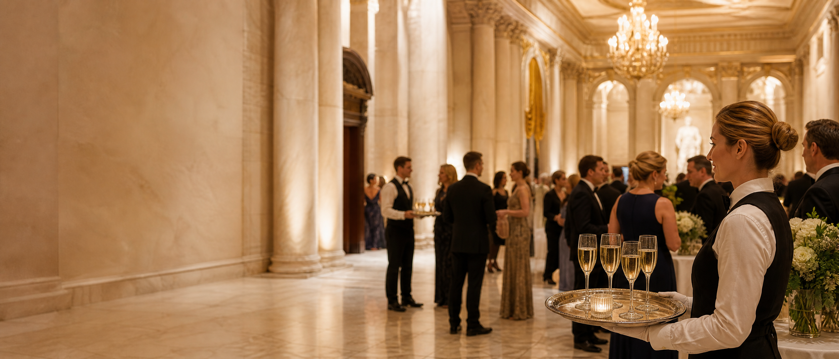 Elegant evening gala in a grand Washington DC ballroom with professional event staff serving guests under golden chandeliers