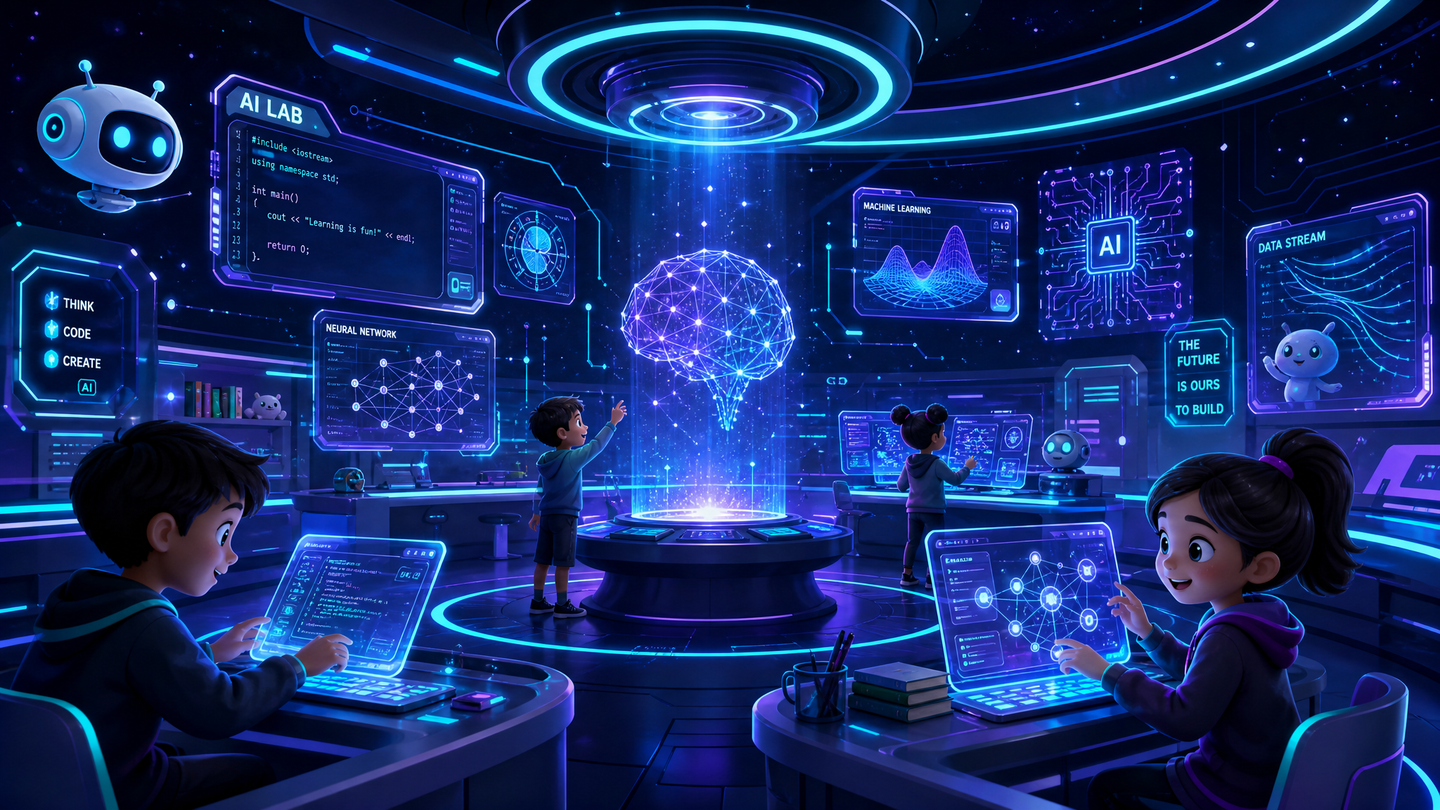 Futuristic AI laboratory background with holographic displays