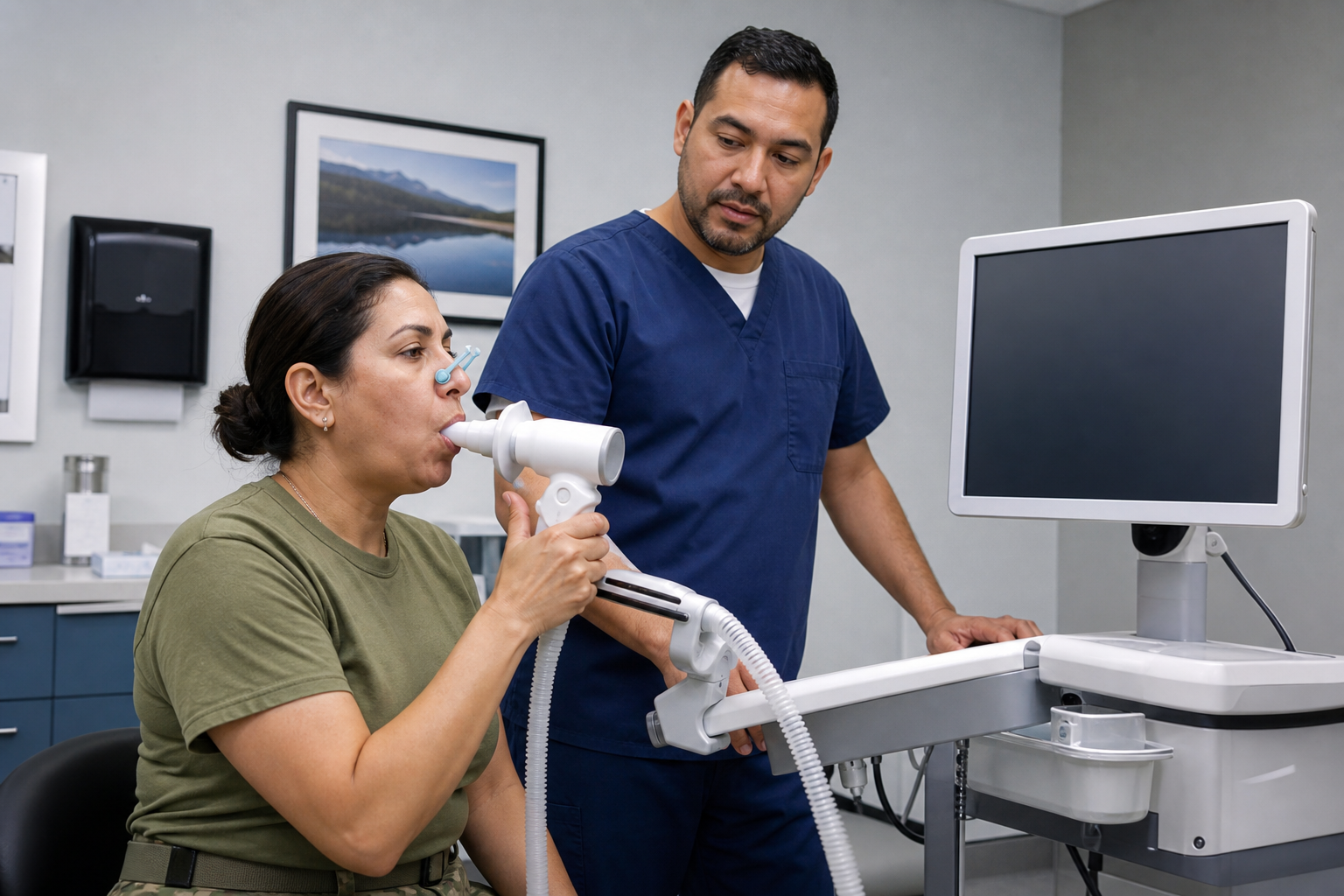 A Middle Eastern female veteran performing a spirometry pulmonary function test, exhaling into a handheld spirometer while a Hispanic male clinician coaches the effort in a clinical exam room