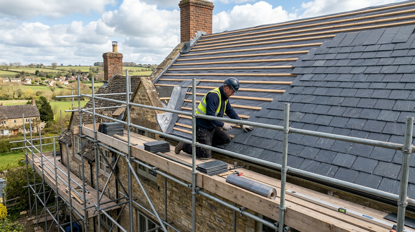 Roofer laying new slate tiles on a UK property