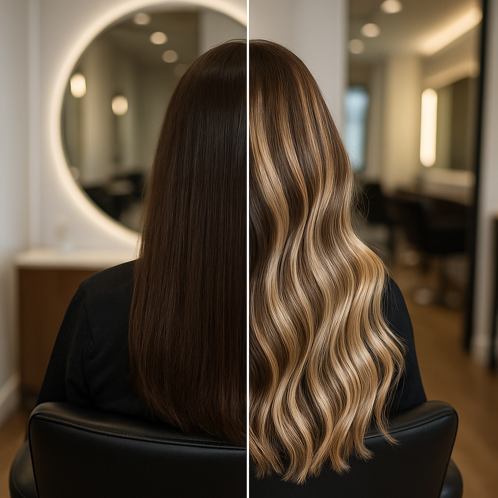 Before & After balayage magic ✨ From brunette to sun-kissed goddess! #balayage #chelseahair #transformation