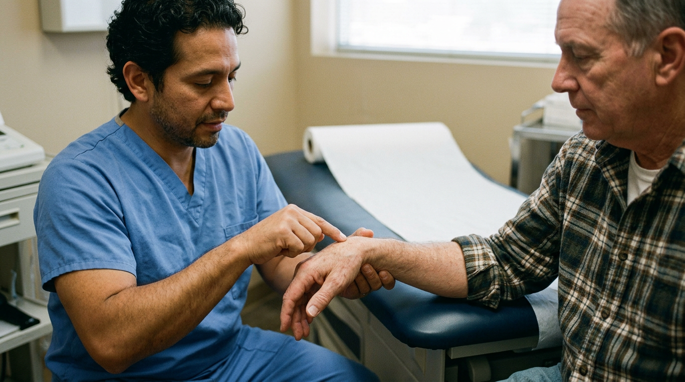 A clinician performing a wrist provocative test by flexing and tapping a seated veteran wrist to check for carpal tunnel