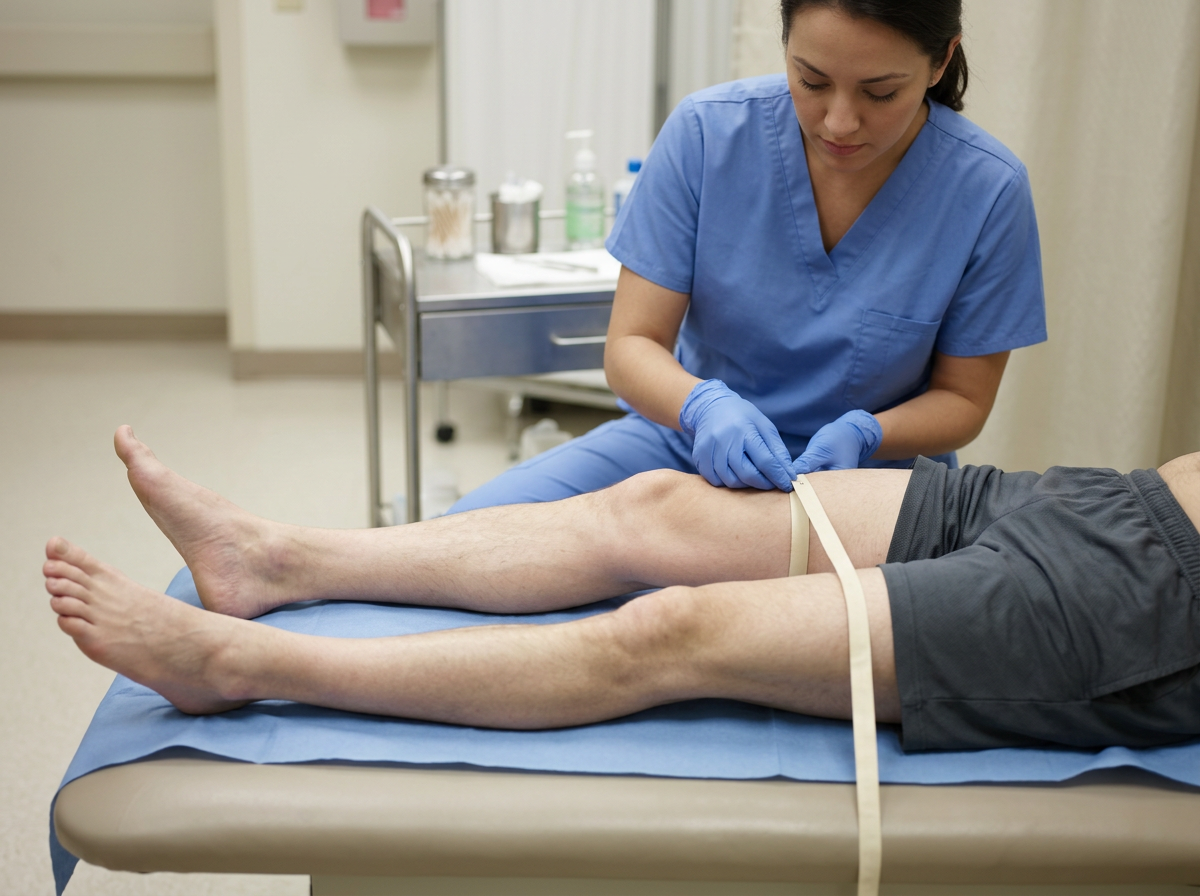 Clinical photograph of an examiner using a tape measure to record the circumference of a patient's thigh above the knee