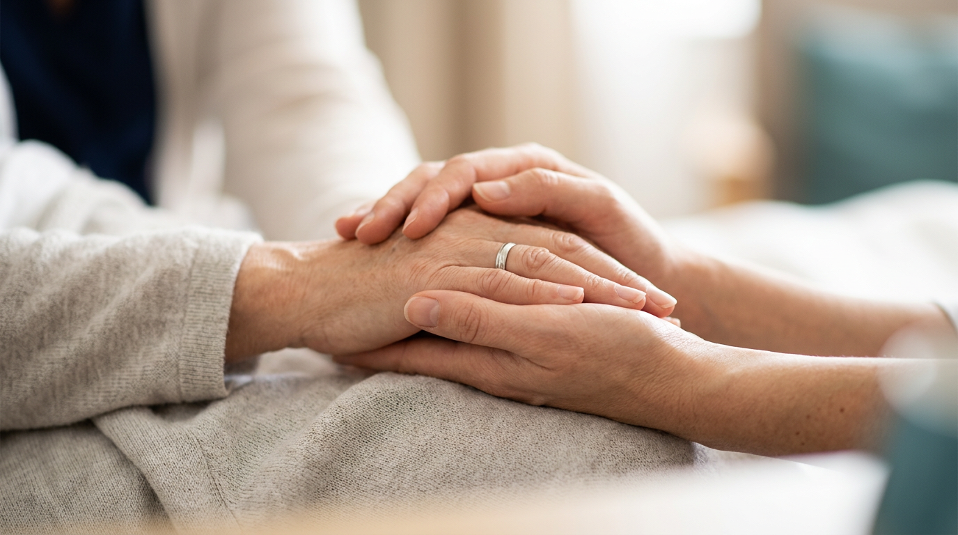 Two women’s hands gently cupping one another on soft neutral fabric in warm window light, conveying comfort and support