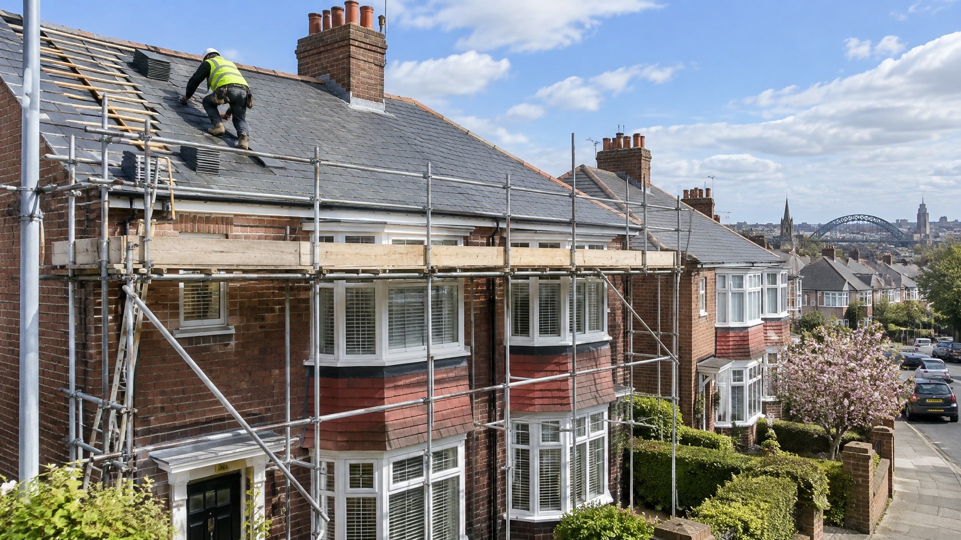 Roofer on scaffolding working on UK house roof