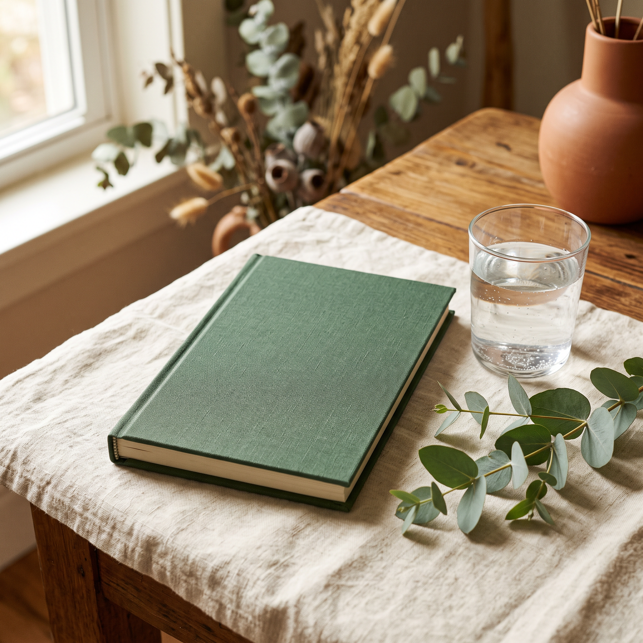 Sage green hardcover journal beside a glass of water and a sprig of eucalyptus