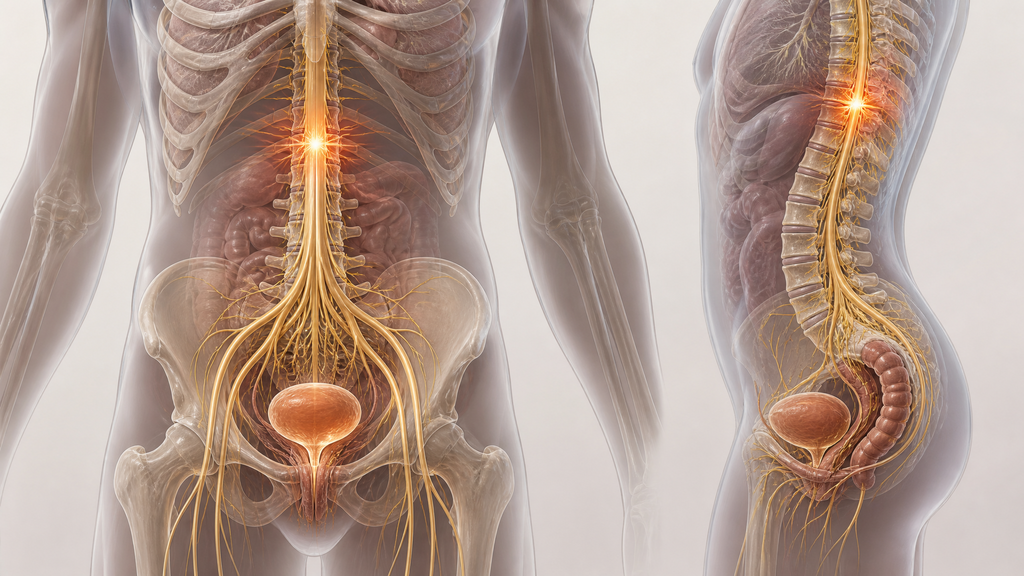 Illustration of the sacral nerve pathways highlighted in amber extending from the lower spinal cord to the bladder and bowel region