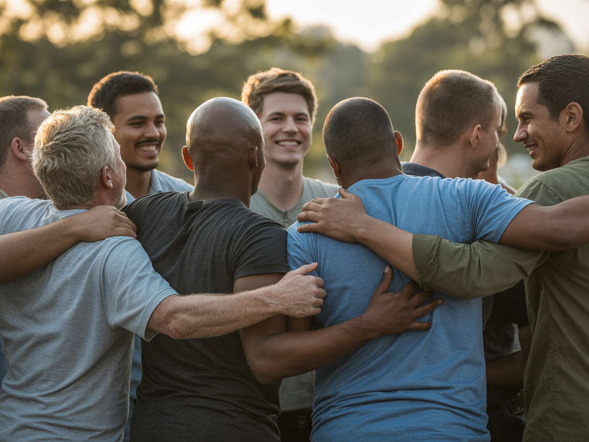 African American men leading diverse group in brotherhood and fellowship