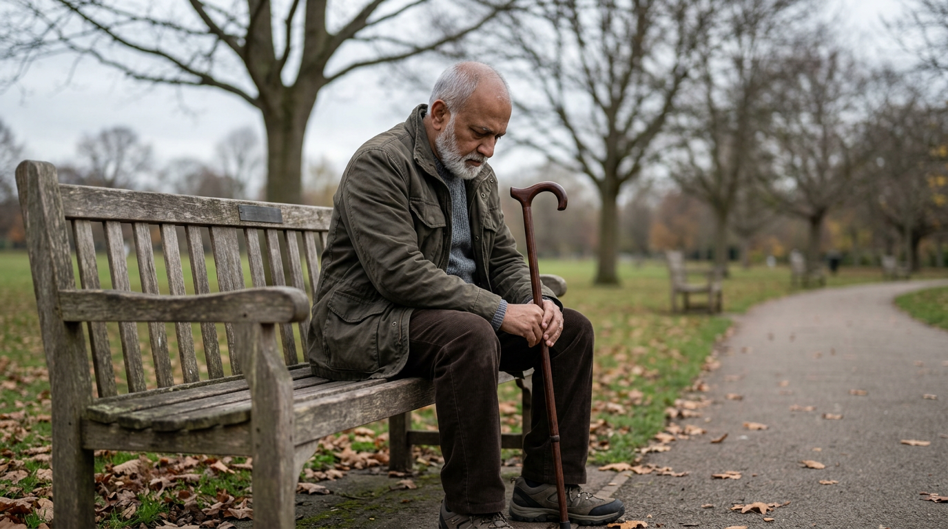 South Asian male veteran sitting alone on park bench looking despondent holding a cane