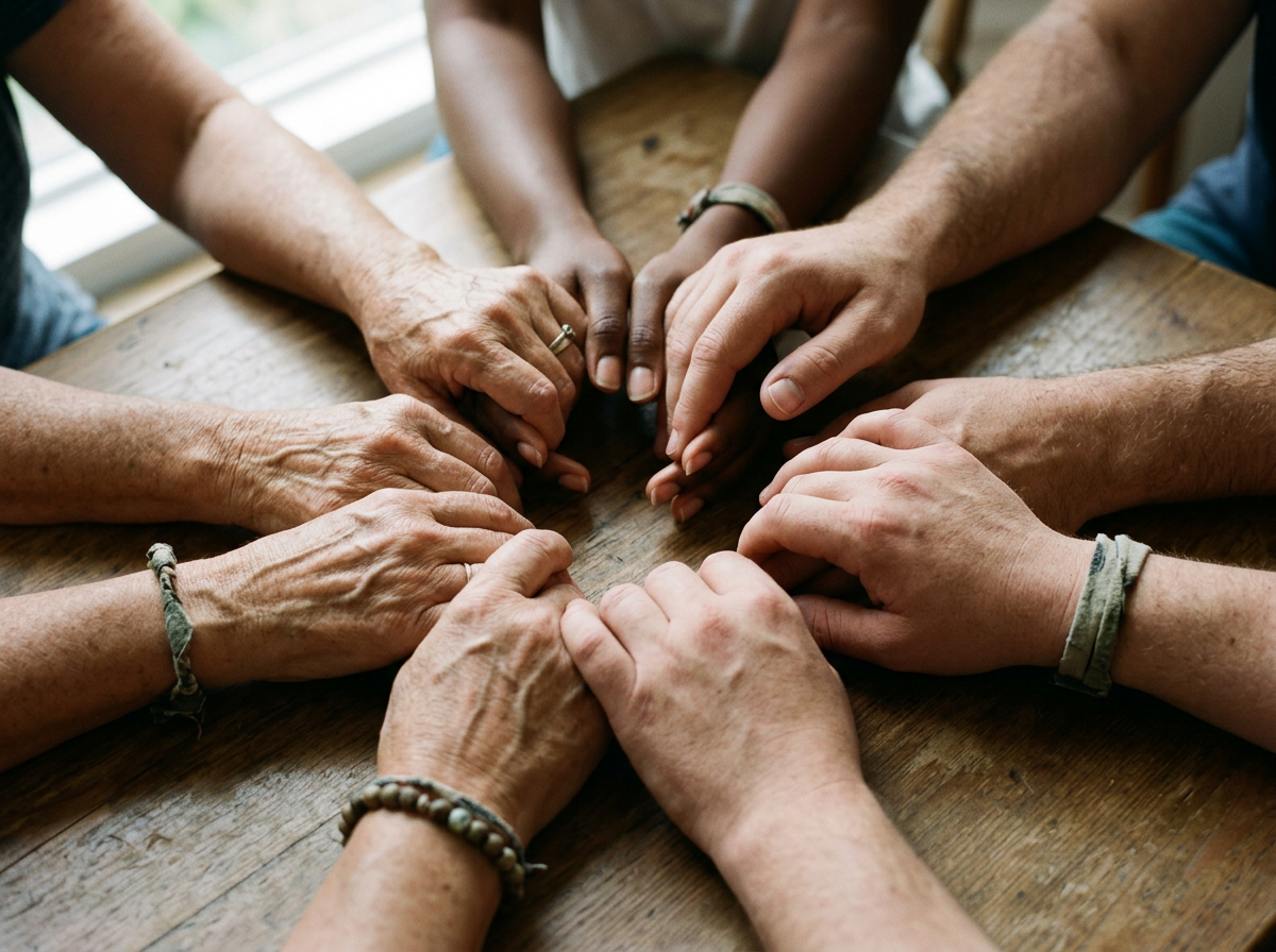 Diverse hands joined together in a supportive circle
